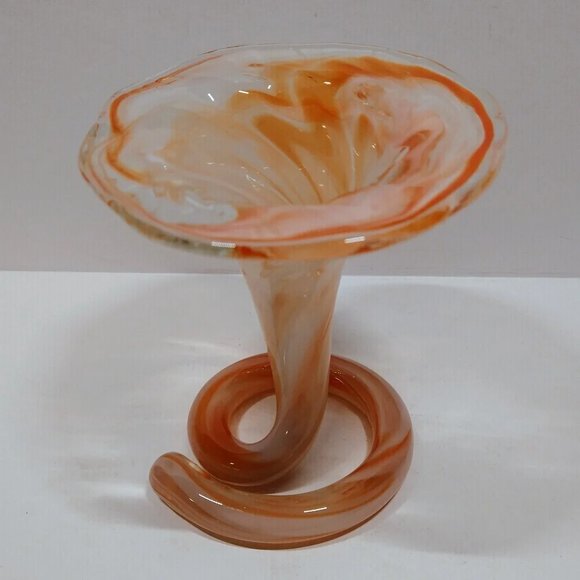 Vintage Orange, White & Clear Art Glass Tulip Trumpet Vase Swirl Coiled Base - Picture 6 of 6